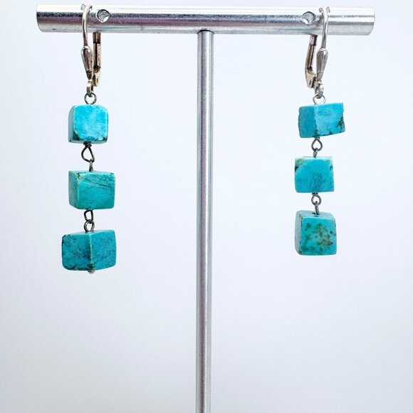 VTG Sterling Silver 925 Cube Turquoise Dangle Earrings Size 1.75" Length - Picture 1 of 8